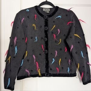 Vintage Becher by Takako Sachon Black Novelty Cardigan Sweater M Fuzzy Confetti